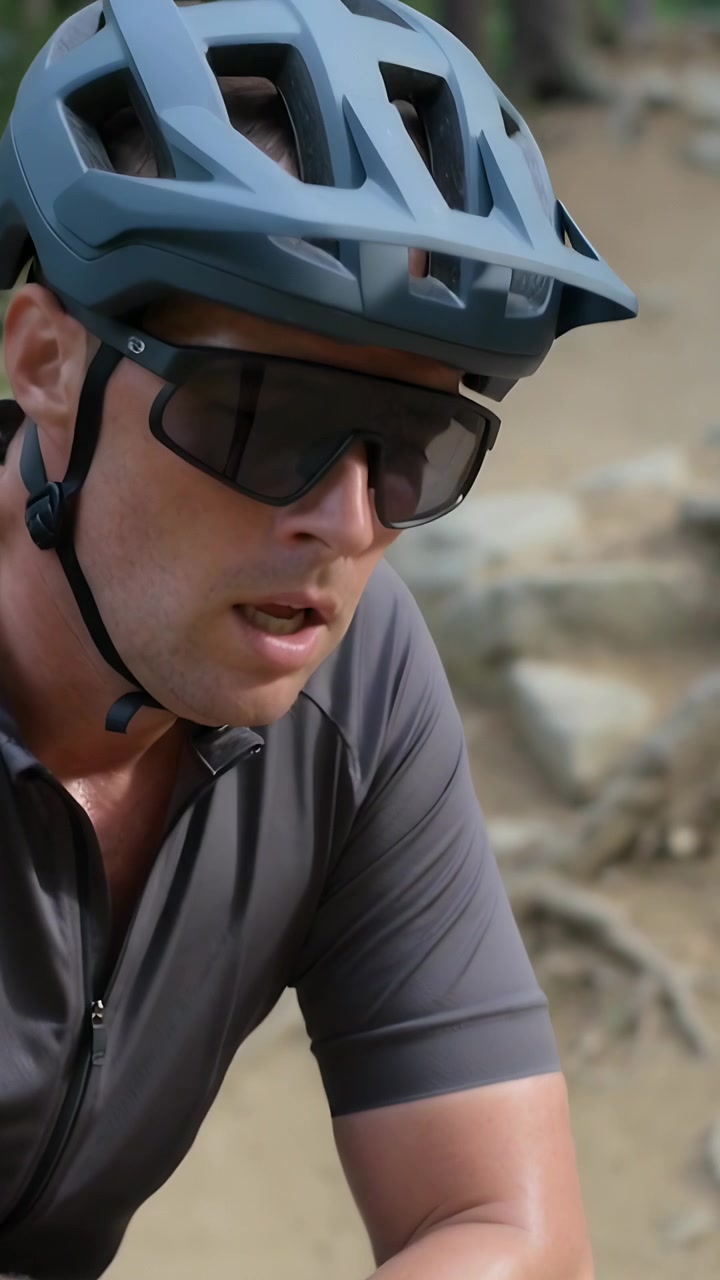 Vertical video: Pausing cyclist catching breath on rooted trail, with zip jersey, helmet and bars