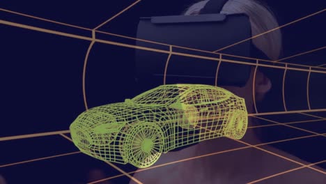 animación de un dibujo de coche en 3d sobre una mujer con auriculares vr