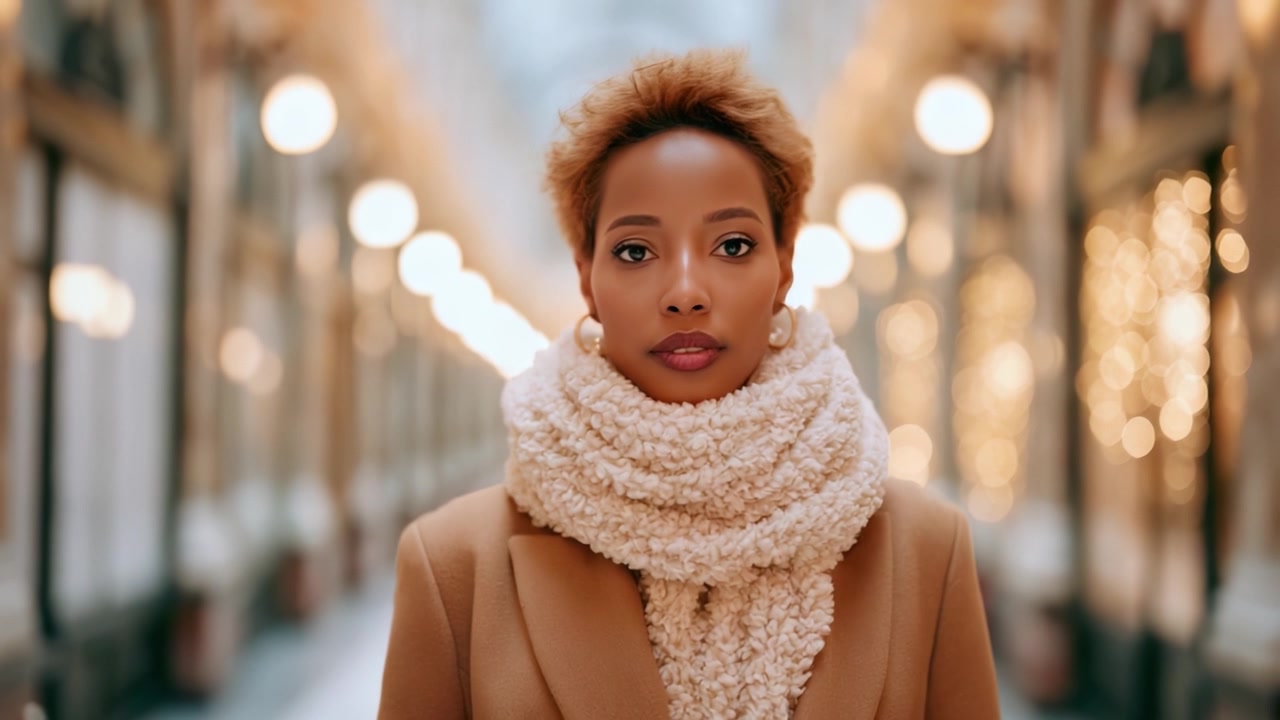 Una Donna Pensierosa Emana Eleganza in una Sciarpa Accogliente, in Piedi con Sicurezza in un Corridoio Splendidamente Illuminato, Pieno di Luci Calde e un'Atmosfera Invitante