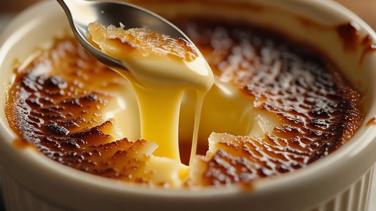 Skje bryter gjennom karamellisert skorpe på crème brûlée