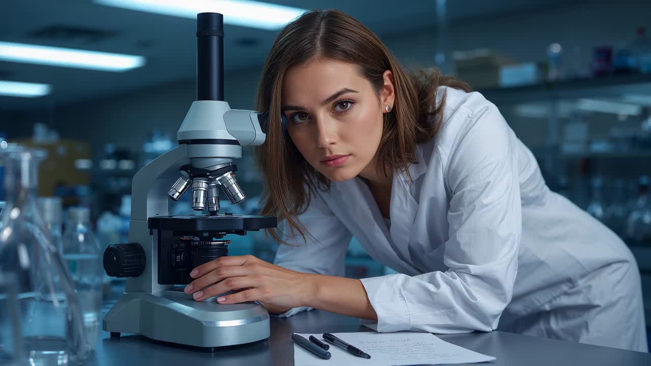 Scienziato con camice da laboratorio che abbassa lo sguardo, sistema il microscopio sul banco, posiziona il vetrino e controlla gli appunti