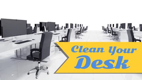 Animation-of-clean-your-desk-text-over-empty-office-with-desks,-chairs-and-computers