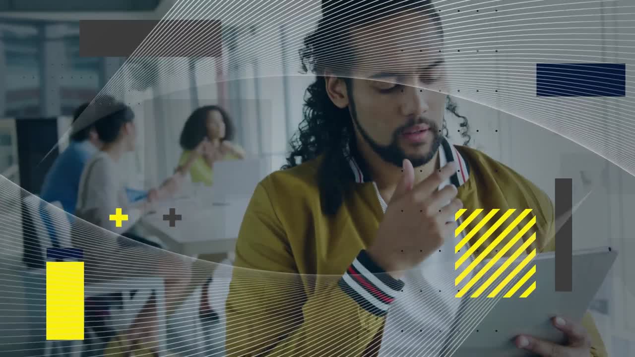 animación de formas sobre diversas personas de negocios que usan tableta.