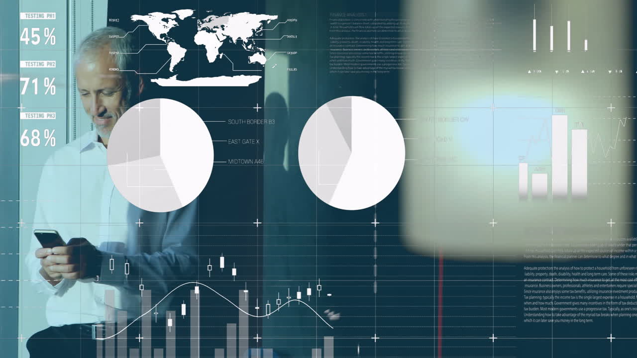 Animation of diagrams and data processing over caucasian businessman using smartphone