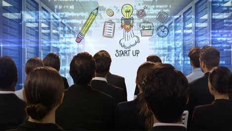 business people looking at digital screen showing start up