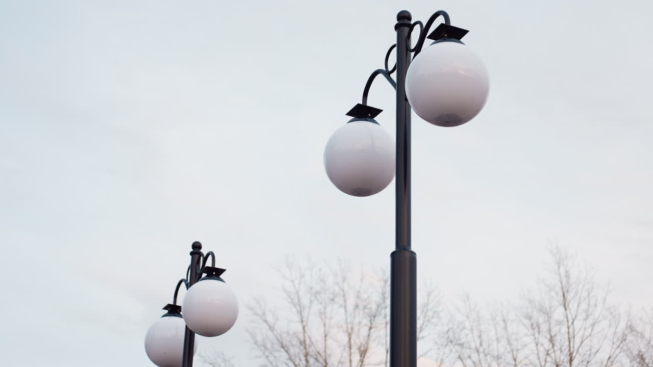 Tall lamp poles with spherical white lights rise against pale sky in quiet winter park, surrounded by trees, creating serene minimal composition with soft natural lighting and calm atmosphere
