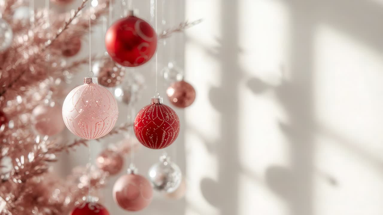 Gruppo ondeggiante di decorazioni natalizie che spostano la messa a fuoco da un ramo rosa con ombre di finestre, da bozza