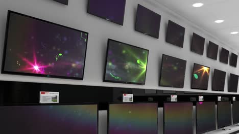 interior of electronics store with synchronized video playing on screens of multiple televisions