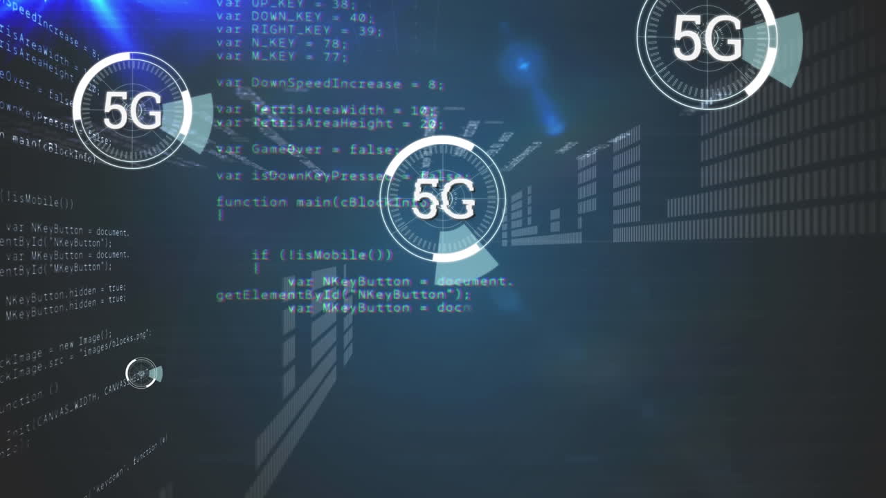5g scritto nel mezzo di un cerchio futuristico e codici di programmazione con barre