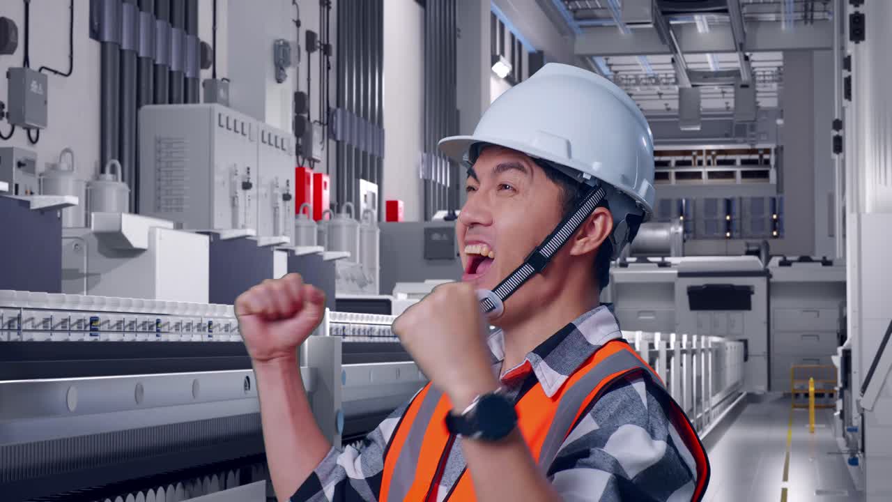 Close Up Of Side View Of Asian Male Engineer With Safety Helmet Screaming Goal Celebrating Working At Pharmaceutical Factory, Vaccine Production Facility