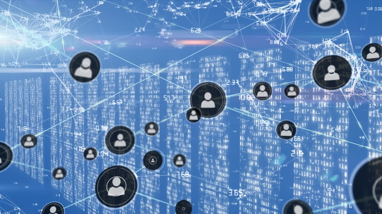 컴퓨터 서버를 통해 사람 아이콘과의 연결 네트워크의 애니메이션