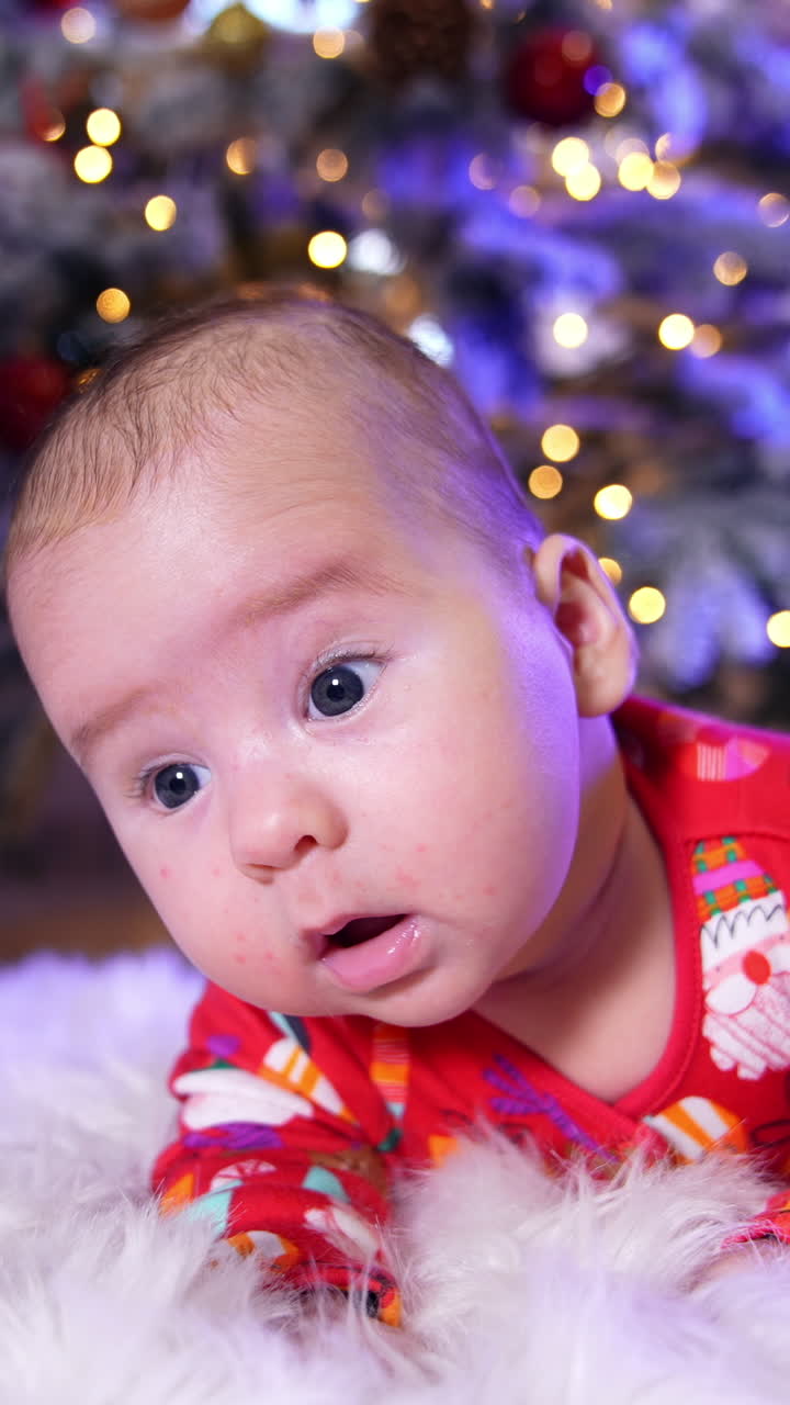 Little baby just learning to hold his head lies on belly on white plaid. Infant boy in festive clothes lies near Christmas tree. Close up. Vertical video
