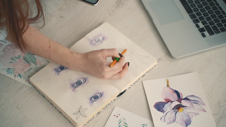 Drawing In A Notebook While Using The Laptop And Smartphone