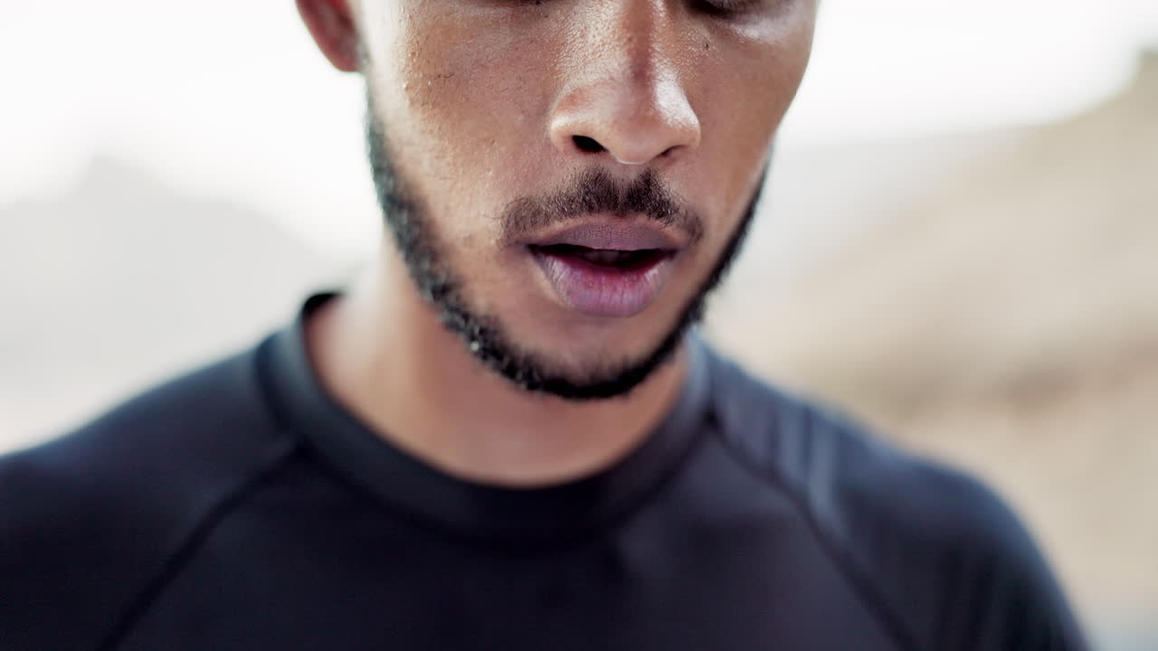 Closeup, man and sweating with fitness