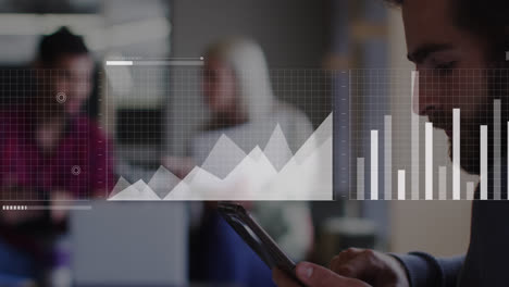 animation of interface with statistical data processing over caucasian man using tablet at office