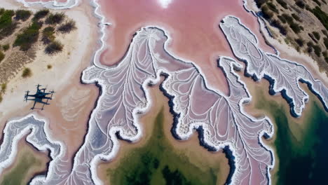 aerial view of a vibrant pink salt lake with intricate salt formations and a drone
