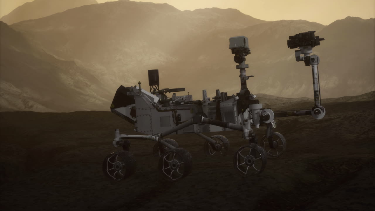Curiosity rover exploring martian landscape at sunset with distant mountains