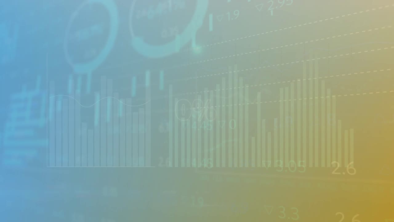Animation of circles over multiple graphs and trading board against gradient background