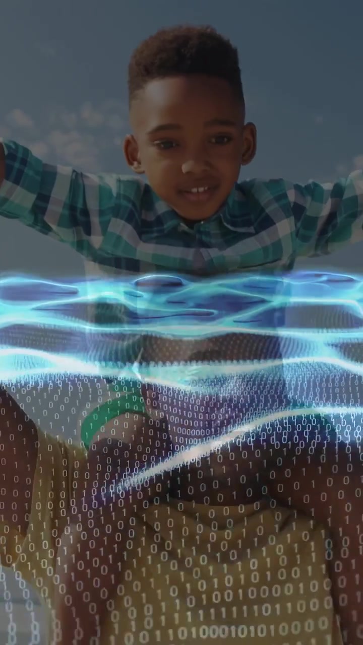 Vertical video: Dad giving son shoulder ride playing pilot while tech binary wave crosses midline