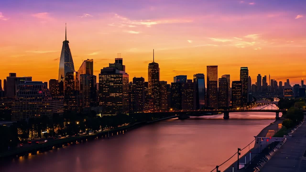 luces de la ciudad iluminando un horizonte moderno como colores vibrantes llenan el cielo durante las encantadoras horas del anochecer