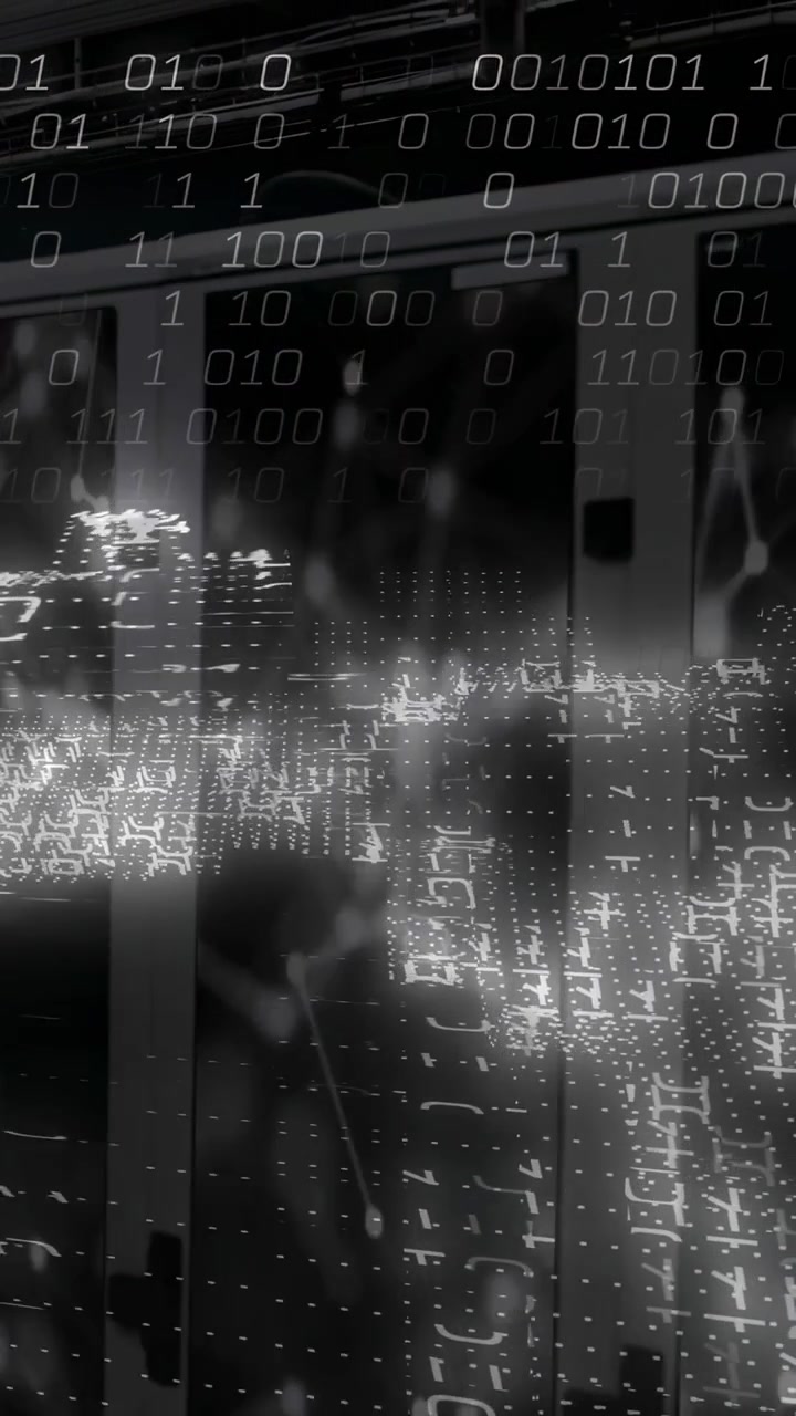 Vertical video: Grid appearing on rack sparking wave sliding and binary falling for data display