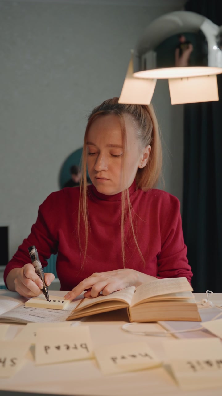 Young woman in red turtleneck writes on sticky notes. Sticky notes display words like bread shape head. Scene is indoors with neutral walls dark curtain and consistent lighting