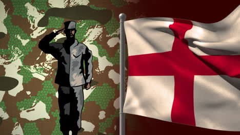 animation of english flag and soldier saluting over camouflage background