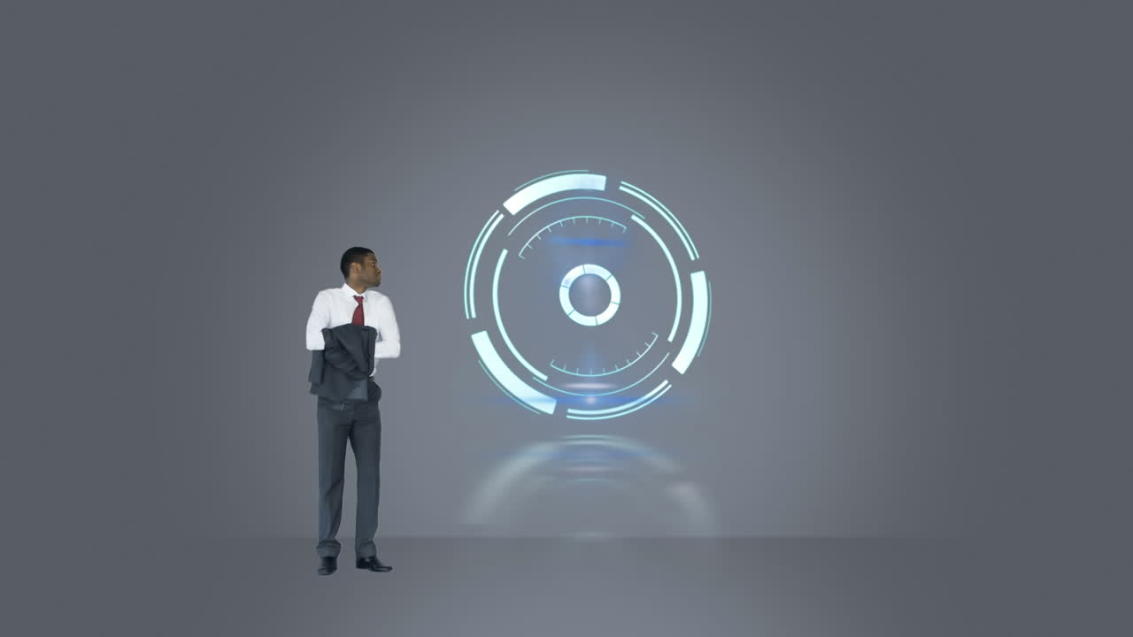 animación de escaneo de alcance y hombre de negocios aislado en fondo gris