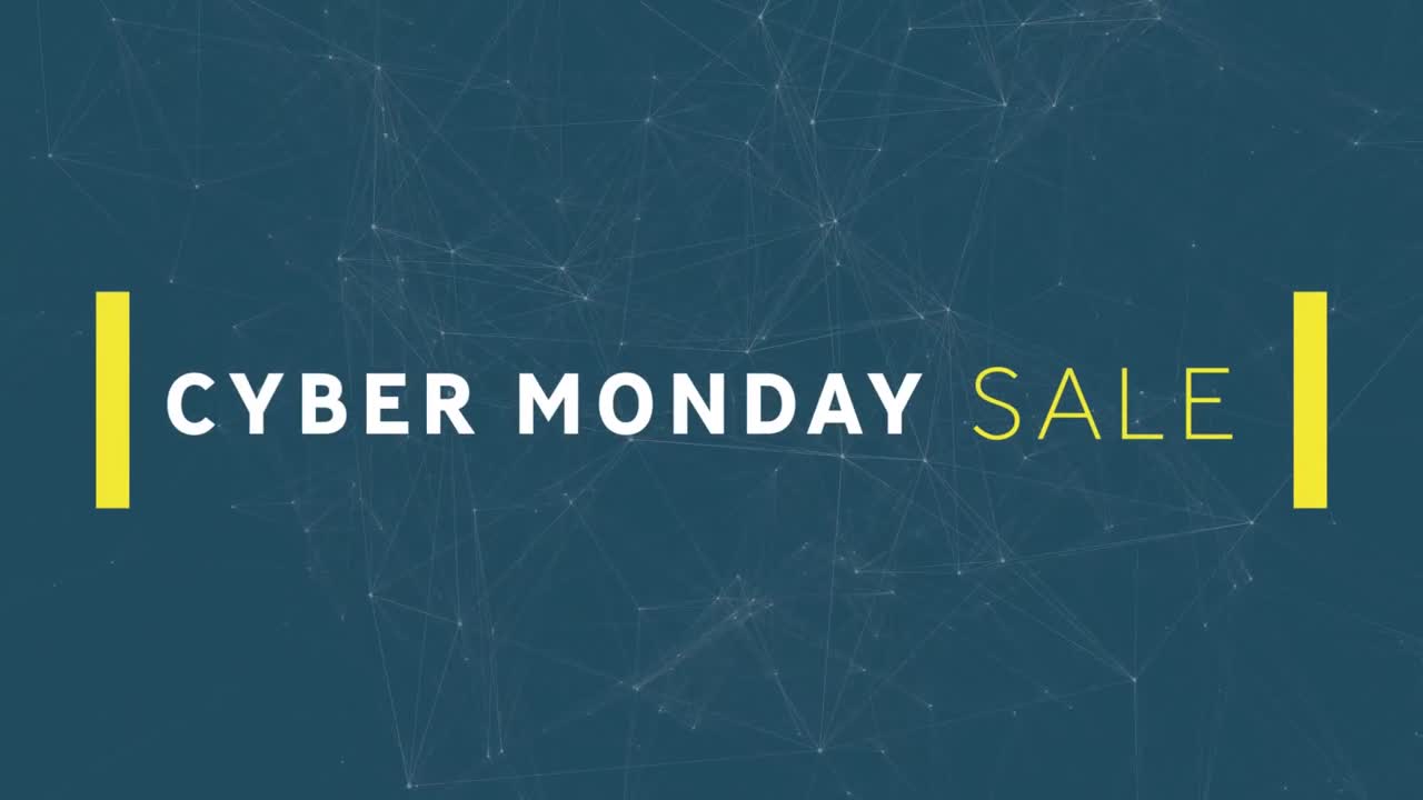 Animation af teksten "Cyber Monday Sale" over netværk af forbindelser.