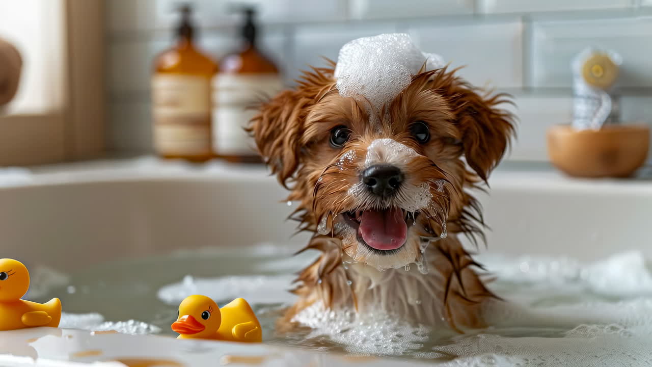Happy puppy enjoying bubble bath time. A playful puppy splashes in a bubble-filled tub, surrounded by rubber ducks and enjoying a fun bath session