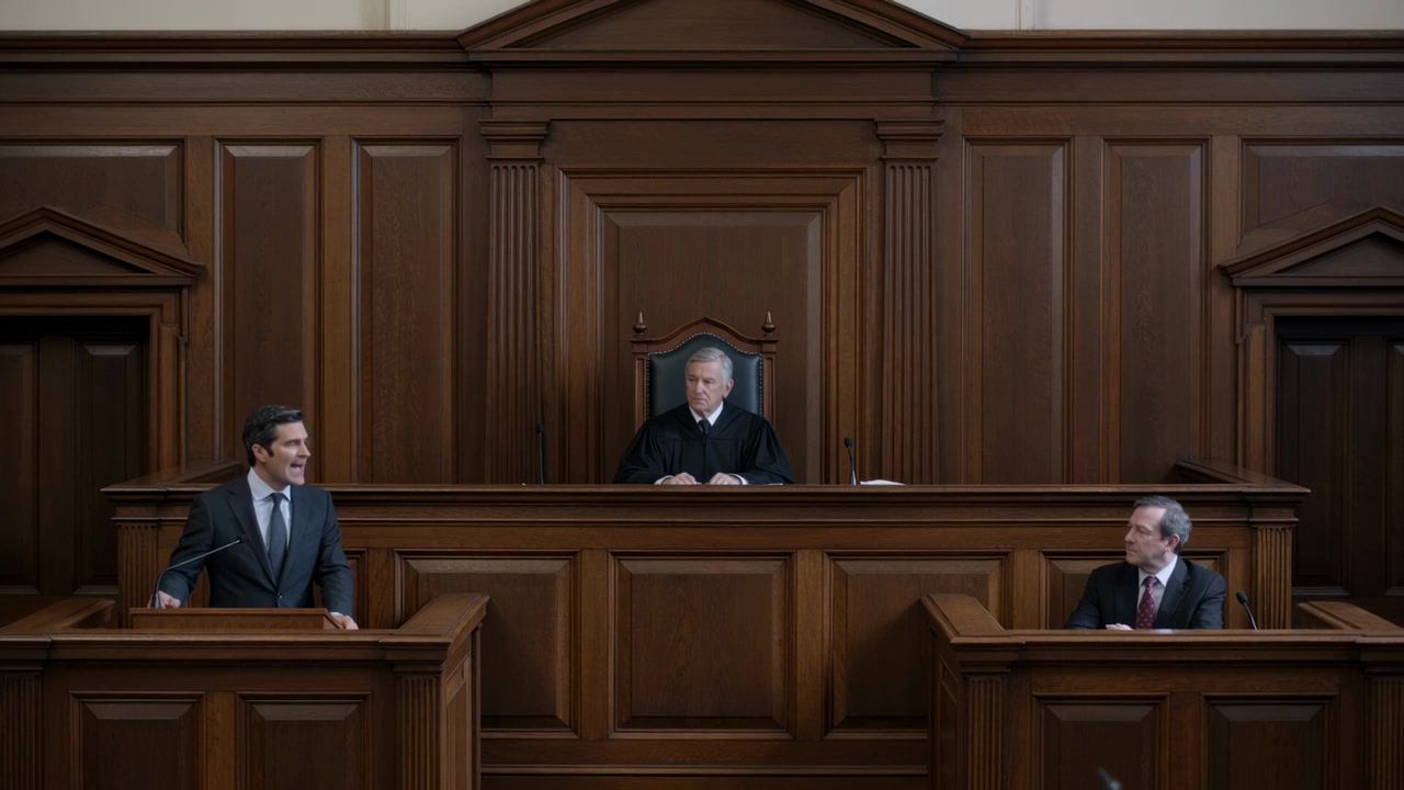 Giudice in toga che osserva dal banco del tribunale, avvocato in piedi che presenta l'arringa iniziale al leggio per vincere la causa.