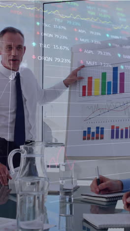 animation of data processing over diverse business people at meeting