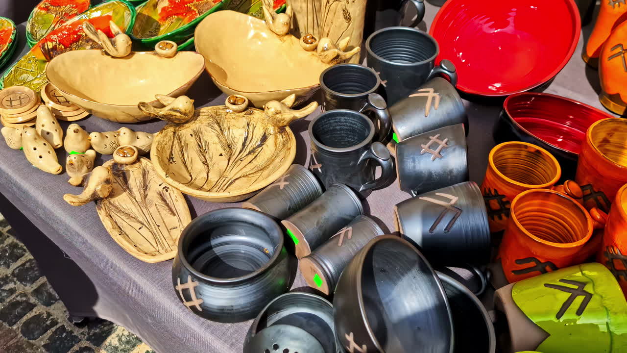 Mangkuk dan cangkir keramik buatan tangan dipajang di pasar seniman lokal, menampilkan tekstur pedesaan dan desain tembikar kreatif