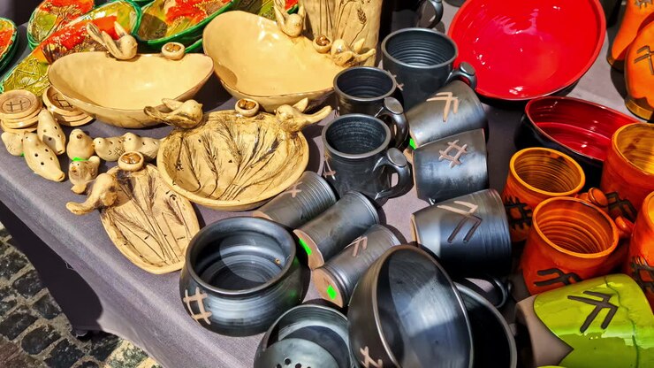 Handcrafted ceramic bowls and mugs displayed at a local artisan market, featuring rustic textures and creative pottery designs