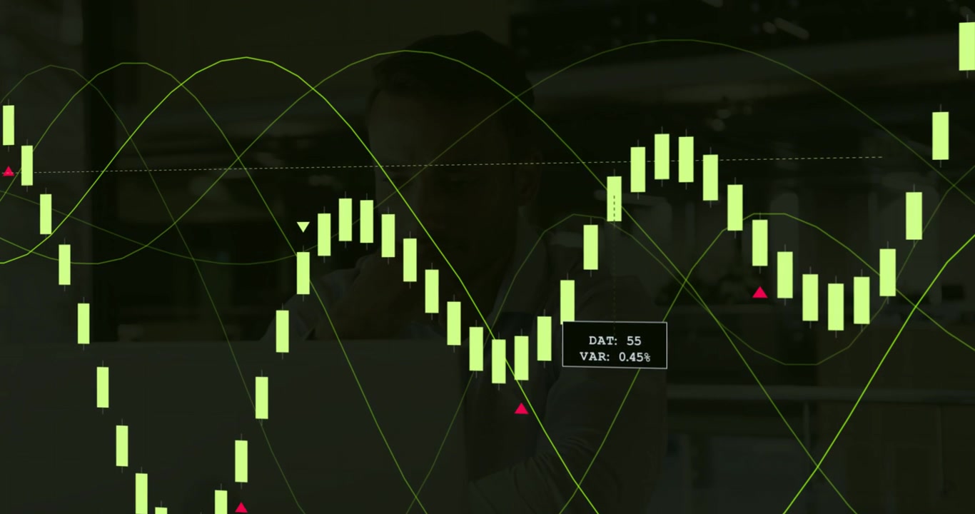 Man typing on laptop finance HUD overlaying bars and lines showing DAT:55 or VAR:0