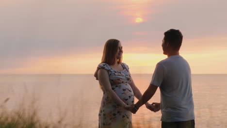 多族裔夫妇握手在海上日落的背景下 亚洲男人和