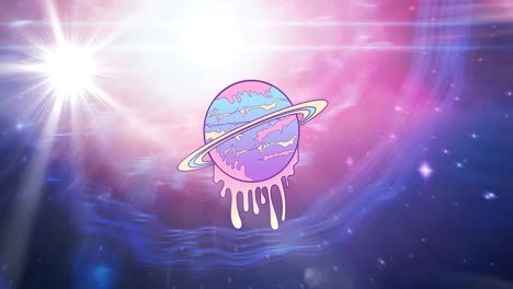 animation of melting planet saturn over stars on blue, pink and purple light trails in universe