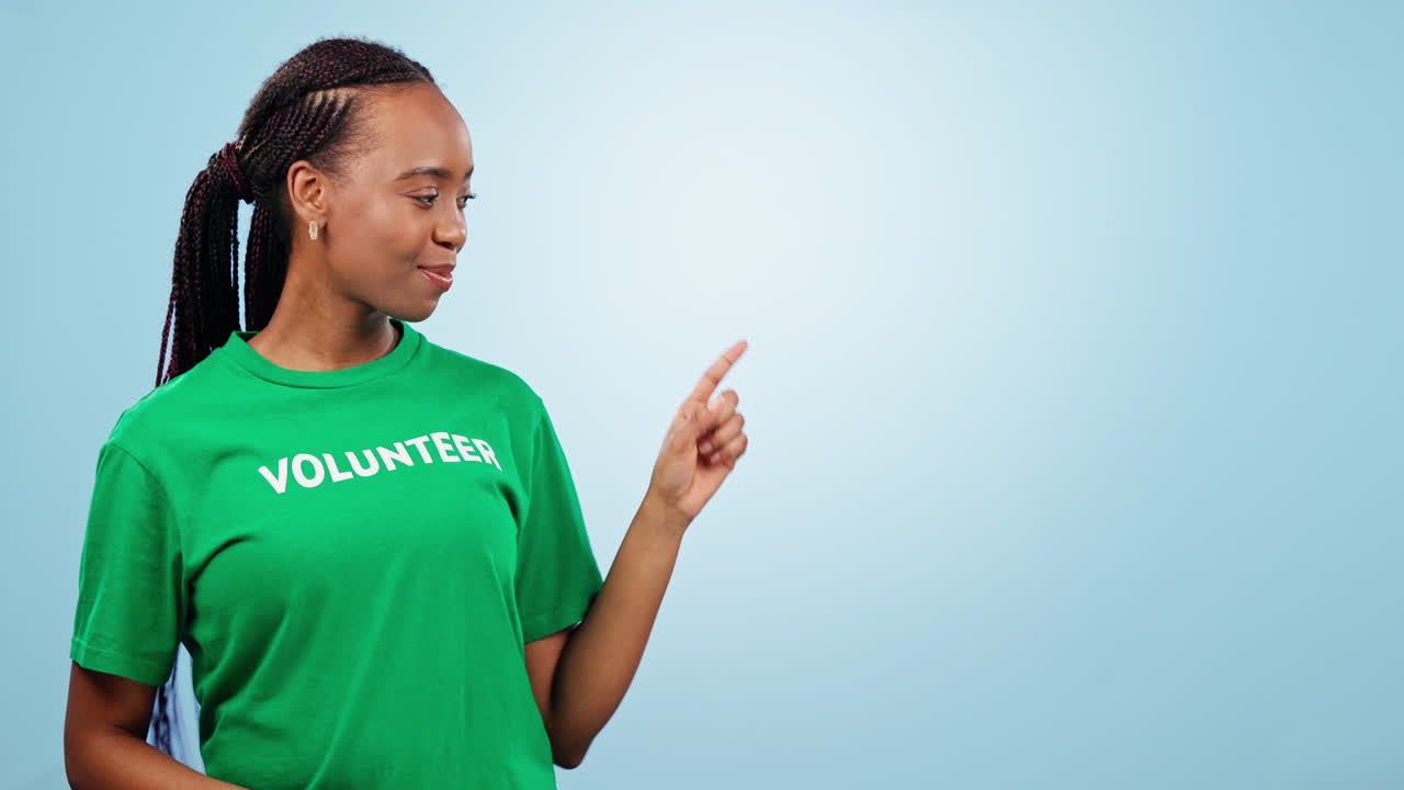 Volunteer, information and woman pointing to