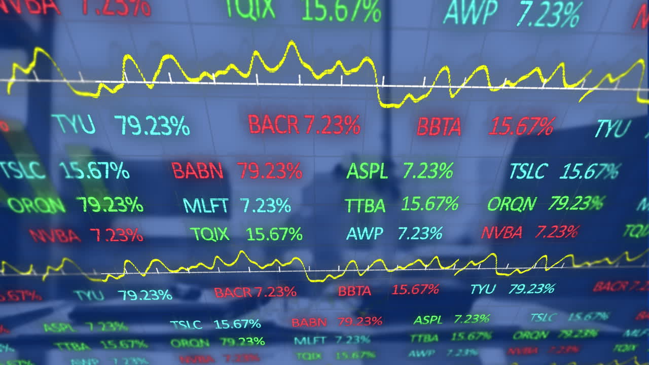 Animazione di elaborazione di statistiche e dati finanziari su scrivania in ufficio