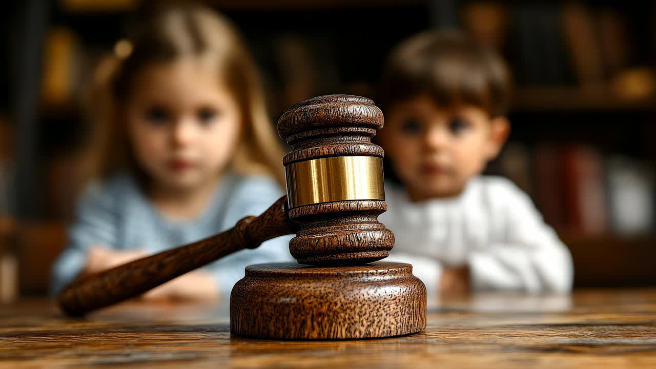 Kids learn justice and fairness. Two children are engaged in a lesson about justice, observing a gavel on a table in a warm, inviting setting