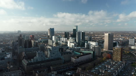 tall skyscrapers in rotterdam city center in the netherlands - aerial shot