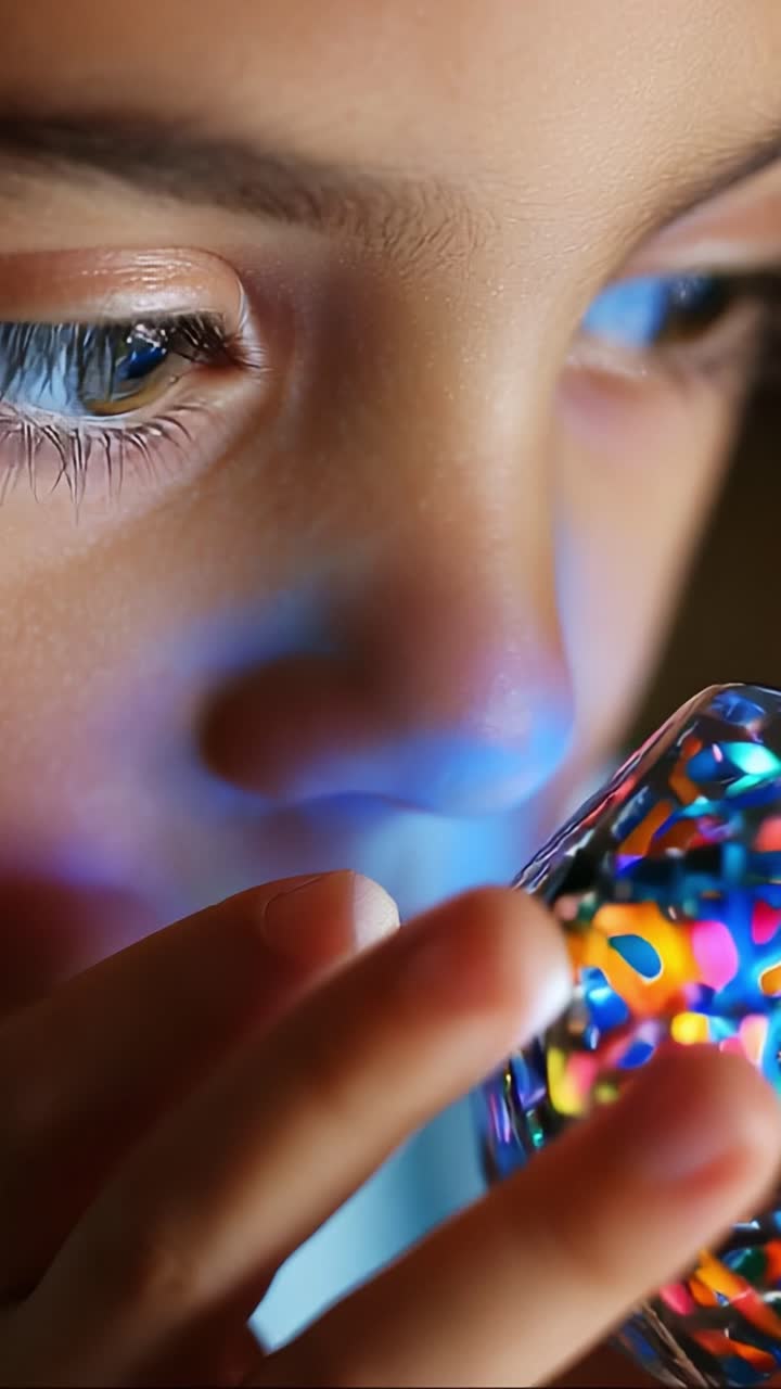 A Young Child's Curiosity Captured in Two Frames, Exploring a Colorful, Shimmering Object Close-up, Highlighting Their Fascination with Light Reflection and Intricate Patterns