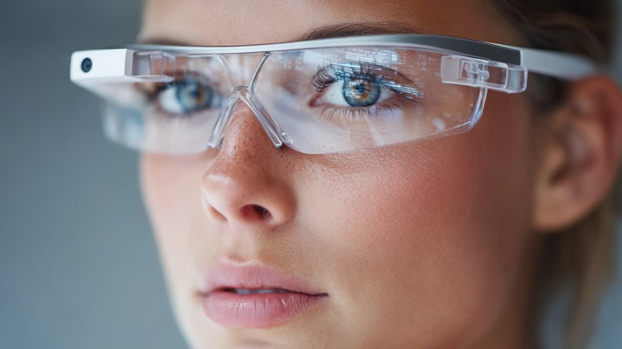A Close-Up Look at a Young Woman Wearing Smart Glasses, Showcasing Modern Technology and Innovation in Everyday Life for Enhanced Visual Experience