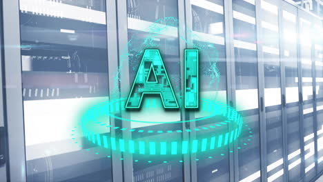 in data center, glowing ai text hovering over server racks, creating animation