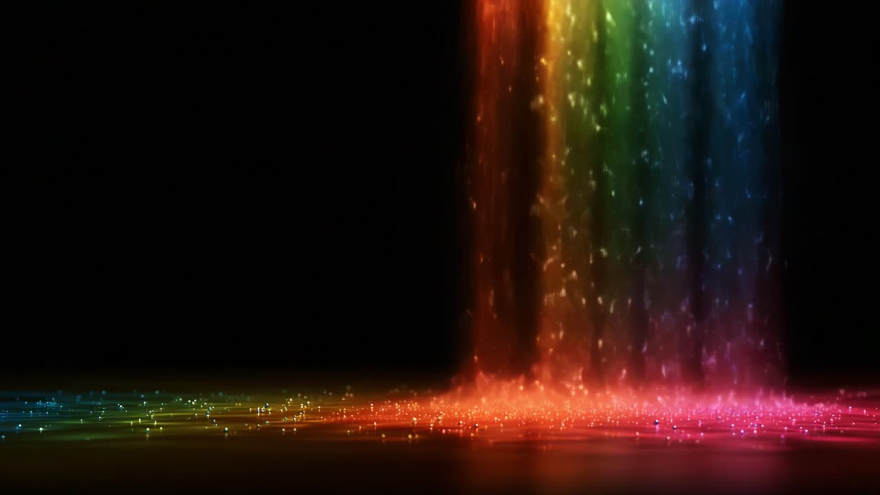 A mesmerizing cascade of vibrant colors illuminates the dark background, showcasing a stunning display of rainbow hues flowing gracefully in a stunning visual spectacle