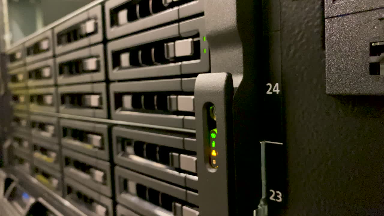 sala de servidores: servidor de centro de datos en funcionamiento con luces led parpadeantes en el rack