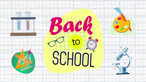 Animation-Von-Back-to-School-Textbannern-Und-Schulkonzeptsymbolen-Auf-Weißem-Liniertem-Papierhintergrund