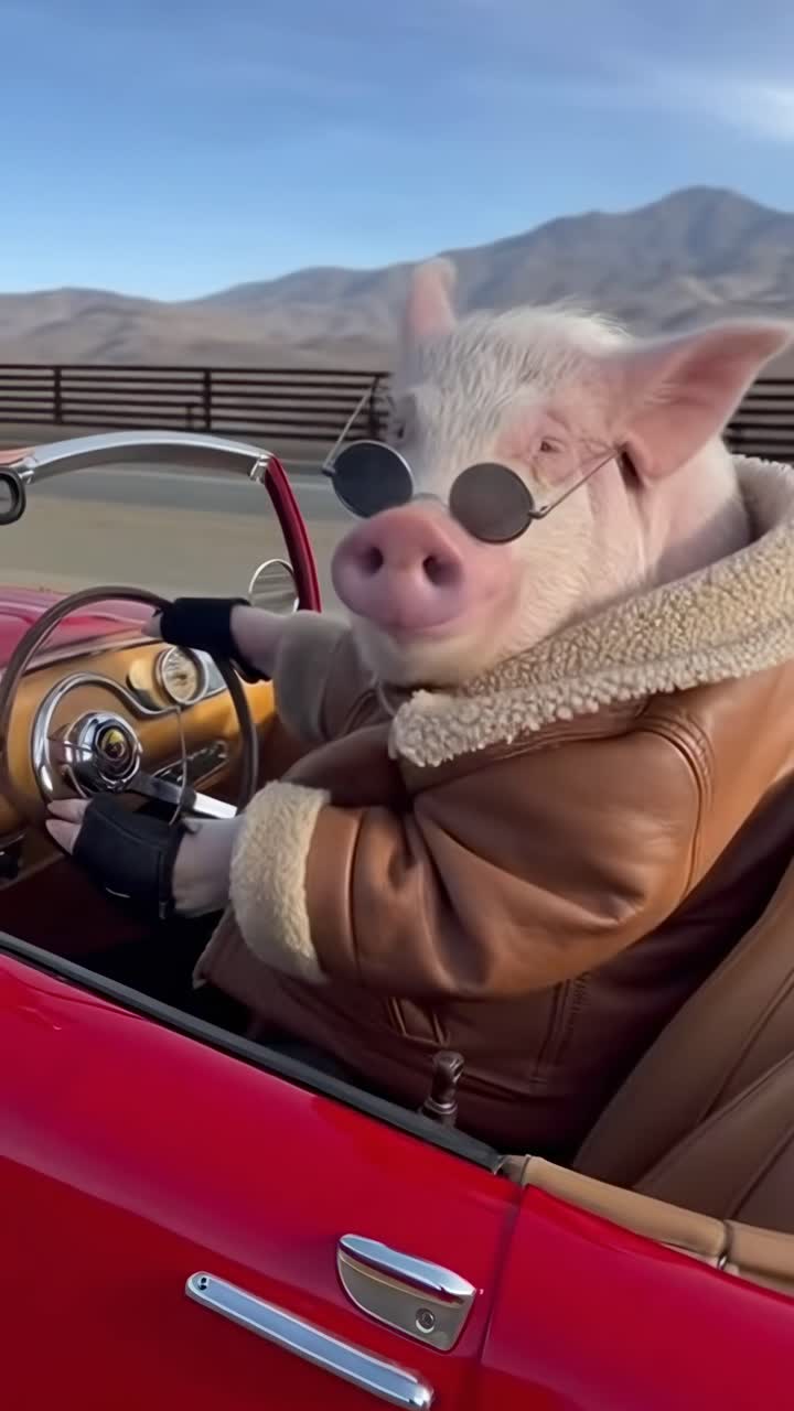 Ein humorvolles Video-Standbild von einem Schwein mit Sonnenbrille, das ein rotes Auto fährt, aufgenommen aus einem seitlichen Winkel