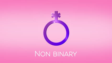 animación de texto no binario, con símbolo no binario púrpura, en rosa
