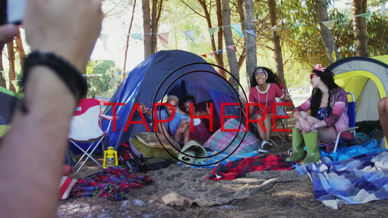 Camping in forest, people setting up tents and preparing for animation display